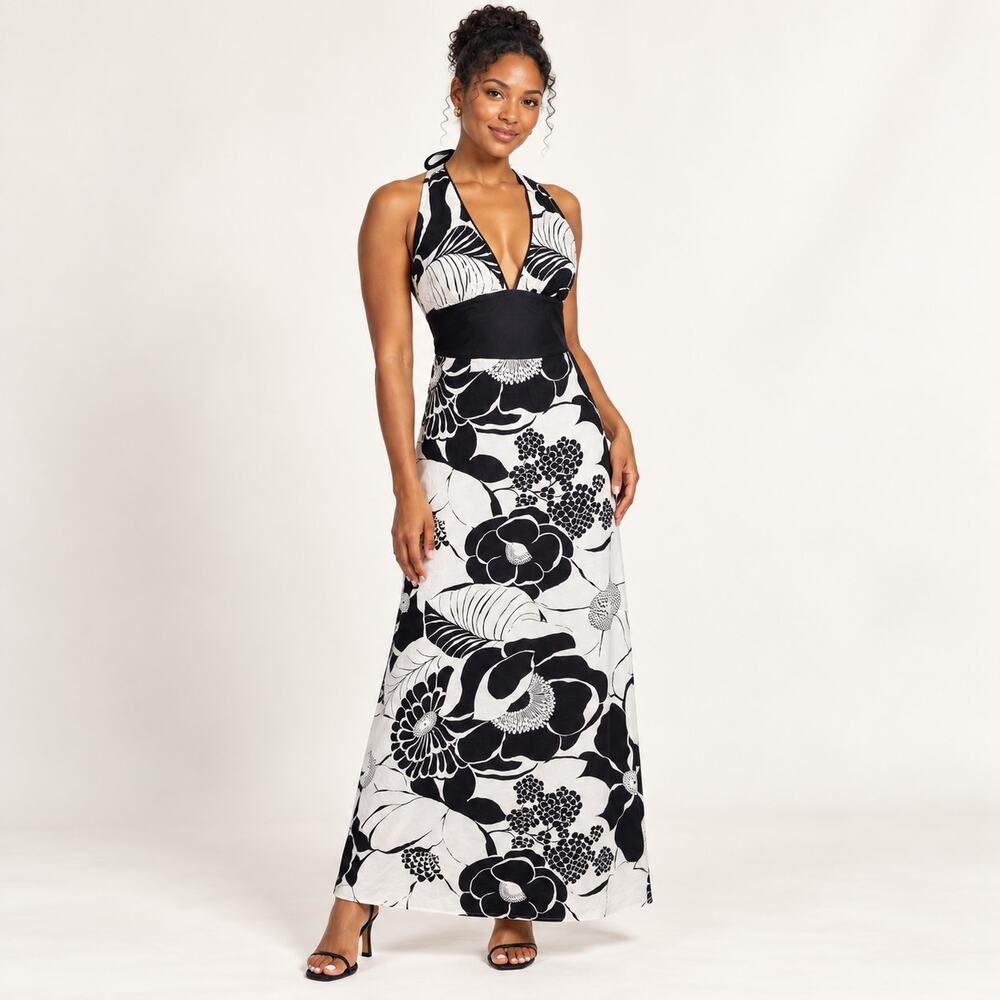 White House Black Market Maxi Dress WMNS 6 Black White Floral Halter Y2K Resort